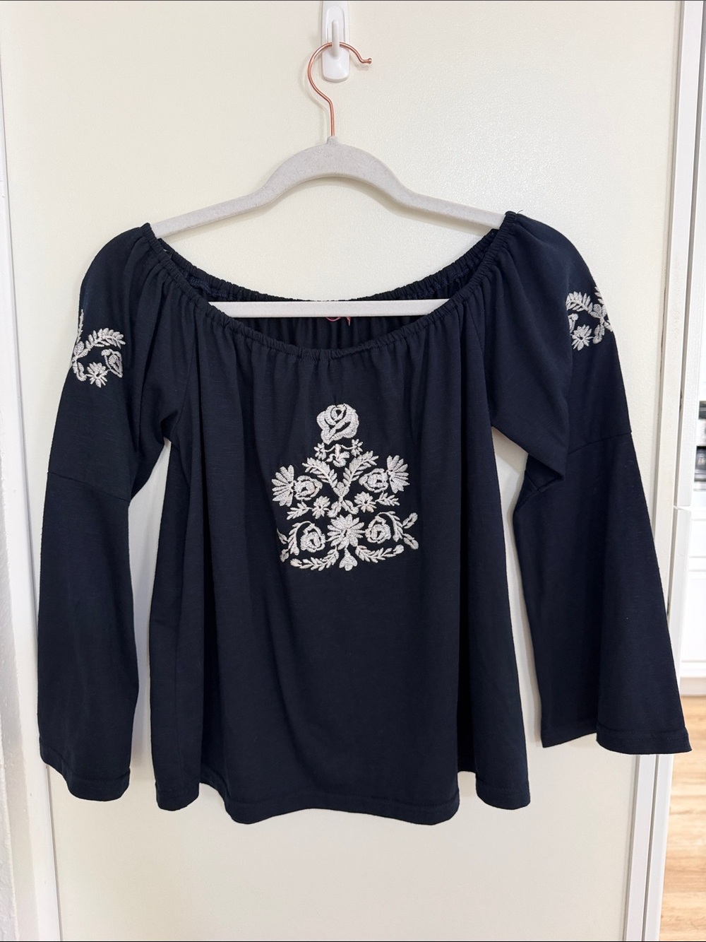 Navy Off-Shoulder Embroidered Peasant Top - White Floral Embroidered Detail | M